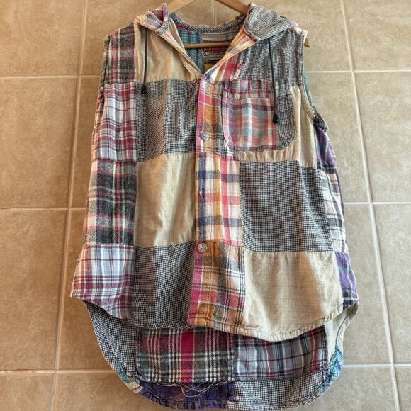 Vintage 90s Paragraff Vest Mens M Plaid Patchwork Flannel Hooded Button Grunge - Picture 4 of 10